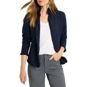 Nic+Zoe Womens Notch Collar Fringe Mix Knit Jacket, Blue